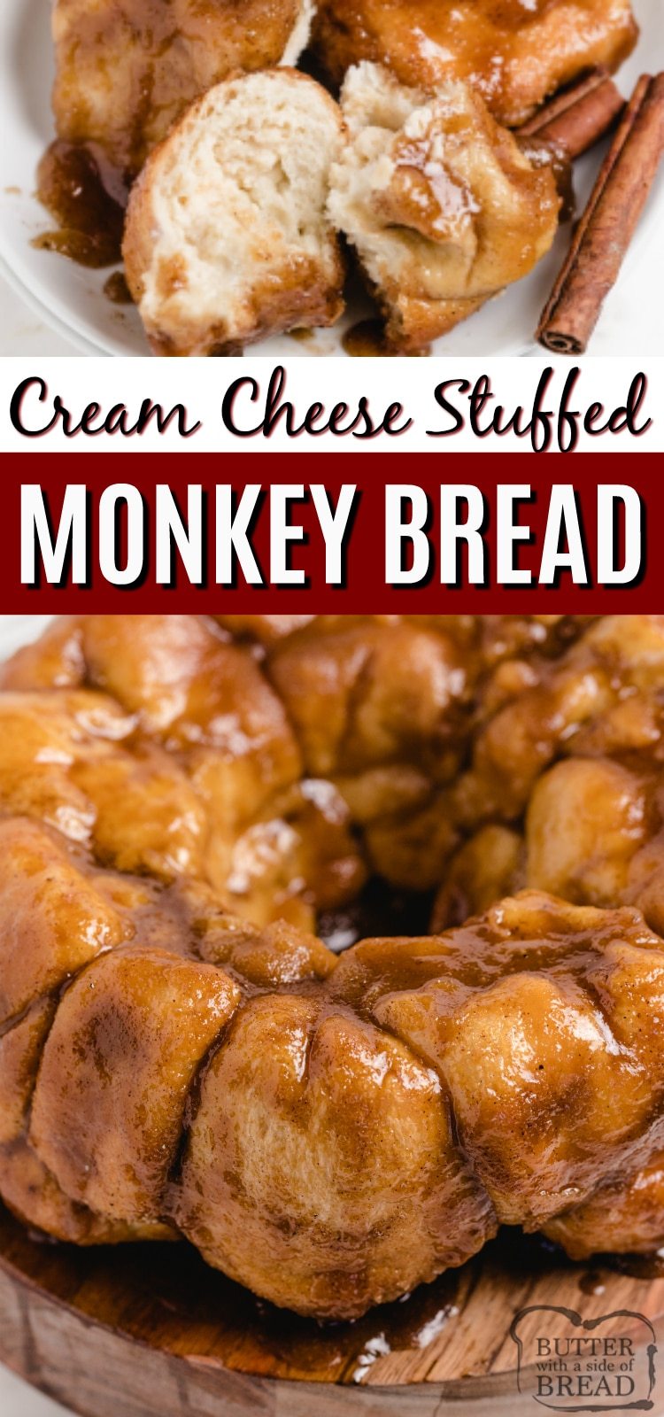 Cream Cheese Stuffed Monkey Bread - warm, gooey cinnamon rolls made with frozen rolls that are filled with cream cheese and coated in brown sugar, butter and cinnamon sugar. Only 5 ingredients to make delicious cinnamon roll monkey bread! 