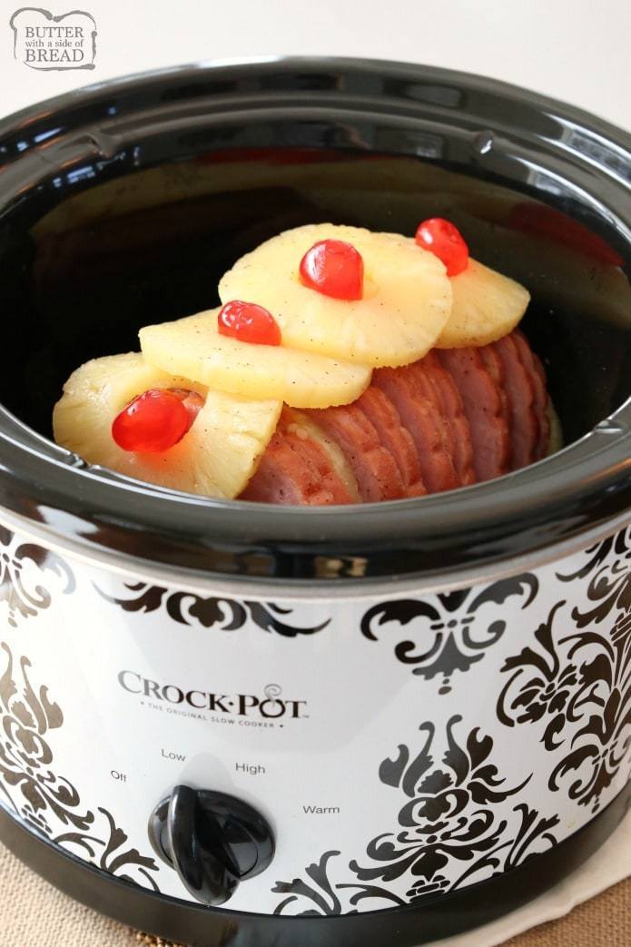 Crock Pot Ham is my favorite holiday ham recipe! Just 4 ingredients and can be made in the crockpot or Instant Pot. Brown sugar and pineapple provide a sweet, tangy flavor to the ham. Quick & easy ham recipe that takes just minutes to prepare and yields tender, flavorful and juicy ham. 