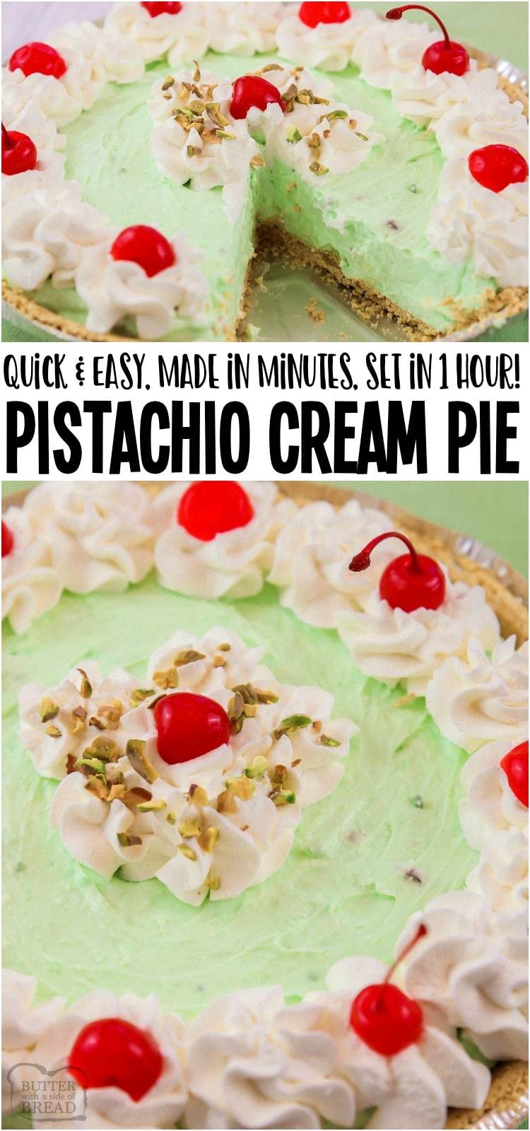 Easy Pistachio Cream Pie with just 5 ingredients and made in minutes! Ready to serve in an hour & perfectly sweet and creamy with delicious pistachio flavor. Perfect for St. Patrick's Day or anytime! #pistachio #pie #creampie #nobake #easypie #dessert #recipe #StPatricksDay #green from BUTTER WITH A SIDE OF BREAD