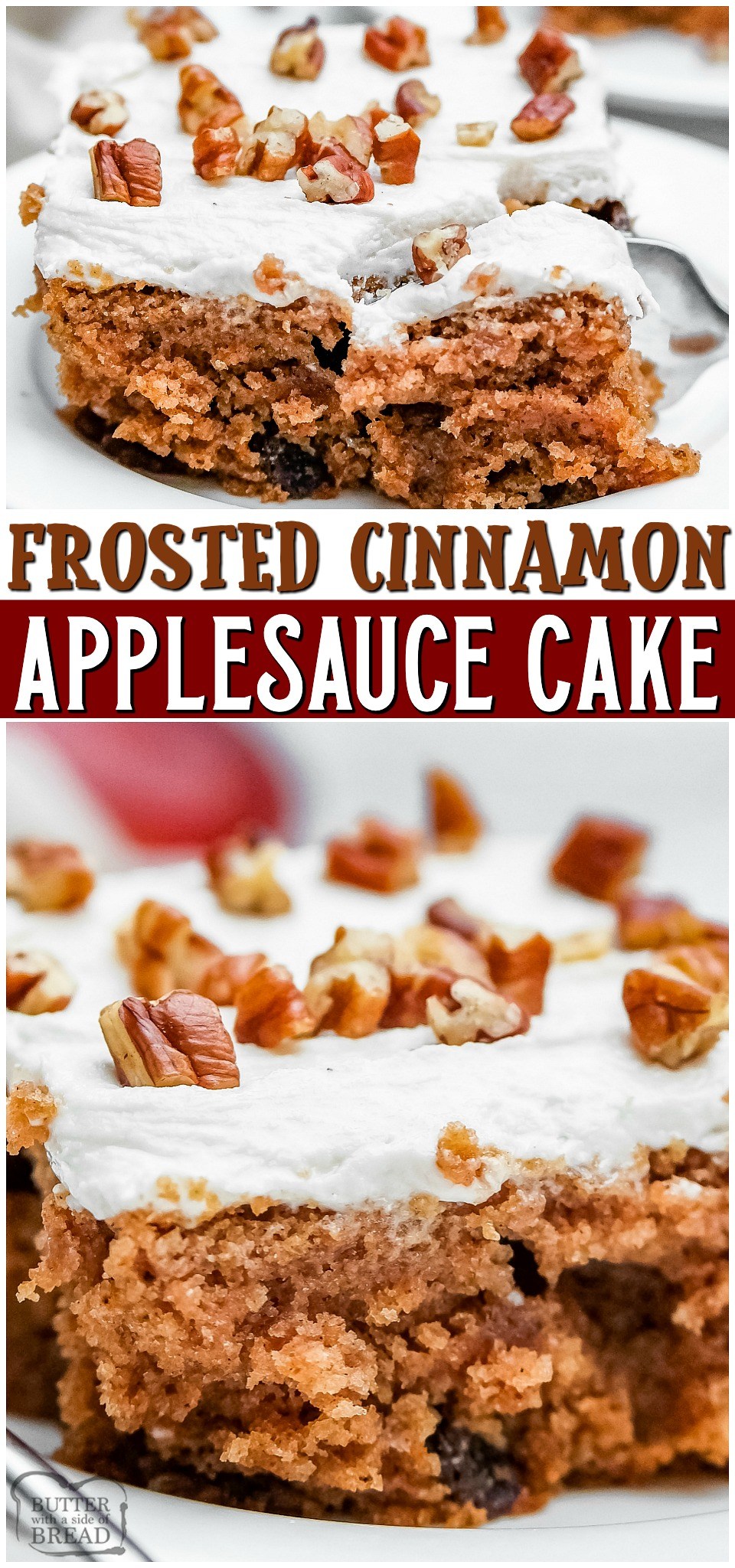Frosted Applesauce Cake is Fall in cake form! Tender cake with cinnamon & spice, raisins and nuts baked then topped with creamy frosting. Spiced applesauce cake recipe that everyone adores! #cake #applesauce #apples #cinnamon #frosting #baking #dessert #recipe from BUTTER WITH A SIDE OF BREAD