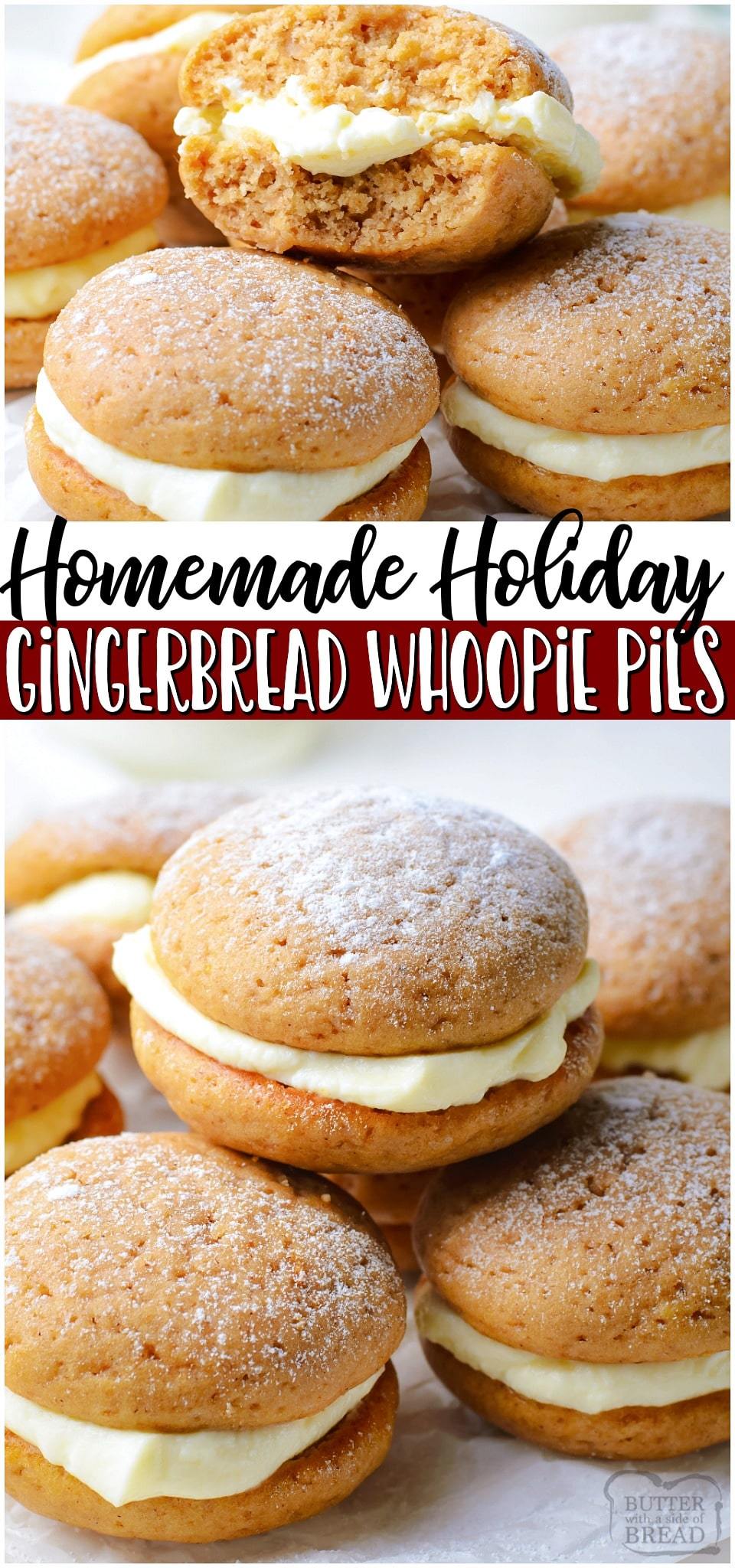 Gingerbread whoopie pies are soft, spiced gingerbread cookies with a lovely cream cheese filling. Perfect gingerbread treat for the holidays! #gingerbread #whoopiepie #dessert #holiday #baking #easyrecipe