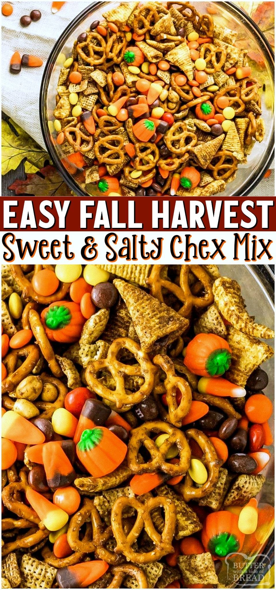 Harvest Chex Mix made with M&M's, pretzels, candy corn & more! Mix tossed in pumpkin spiced butter then baked for the perfect crunch. Perfectly simple sweet & salty Fall treat! #chex #chexmix #sweet #salty #Fall #Harvest #recipe from BUTTER WITH A SIDE OF BREAD