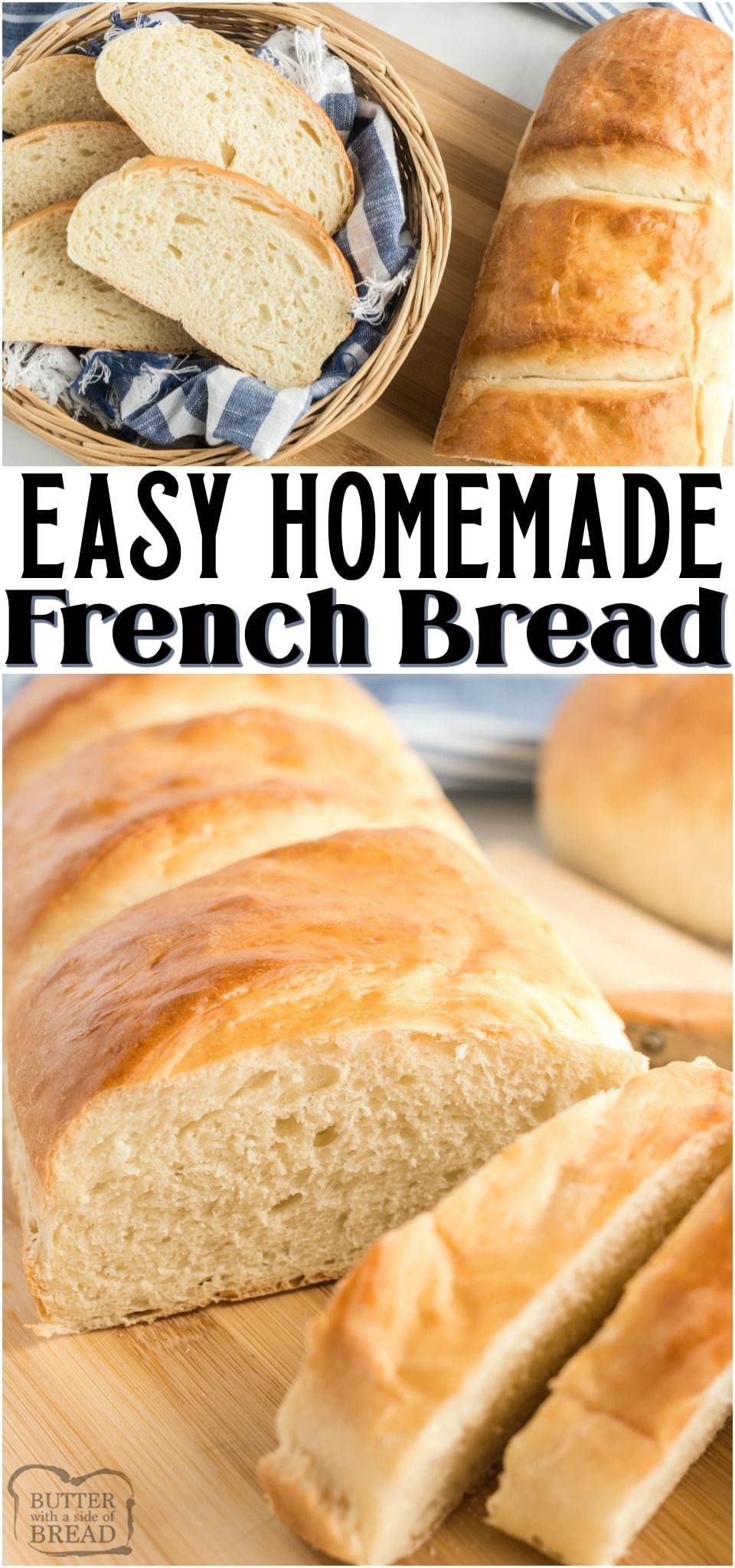 This French Bread recipe is a simple and easy one that will give you two gorgeous loaves of homemade French Bread in under 2 hours! It’s the perfect way to make homemade bread for dinner! #bread #homemade #FrenchBread #breadrecipe #baking #yeast #recipe from BUTTER WITH A SIDE OF BREAD