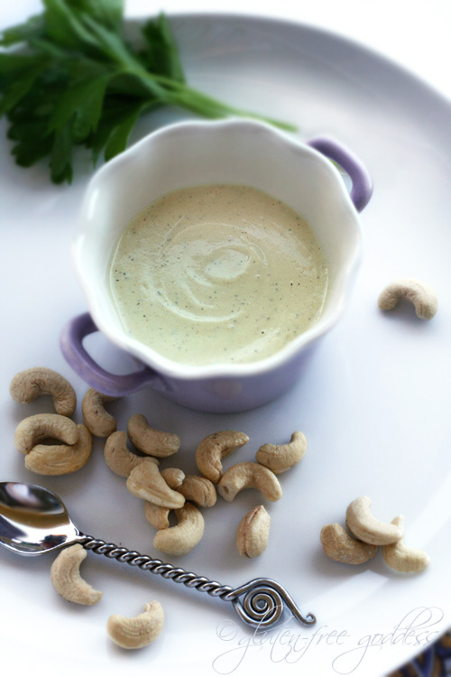 A bowl of cashew cream with herbs and curry is an easy vegan recipe
