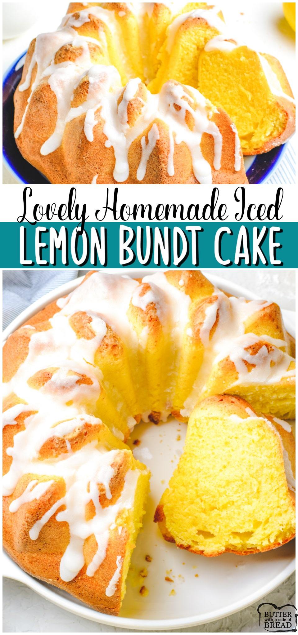 Iced lemon bundt cake made with classic ingredients with bright, fresh lemon flavor! Vanilla cake recipe with lemon juice and lemon zest for a delicious Springtime dessert. #cake #lemon #bundt #homemade #cakerecipe #baking #easyrecipe from BUTTER WITH A SIDE OF BREAD
