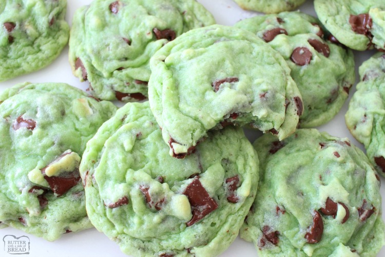 Mint Chocolate Chip Cookies made with pudding mix, mint extract & chocolate chips. Lovely cookie recipe perfect for those who love mint chip ice cream!