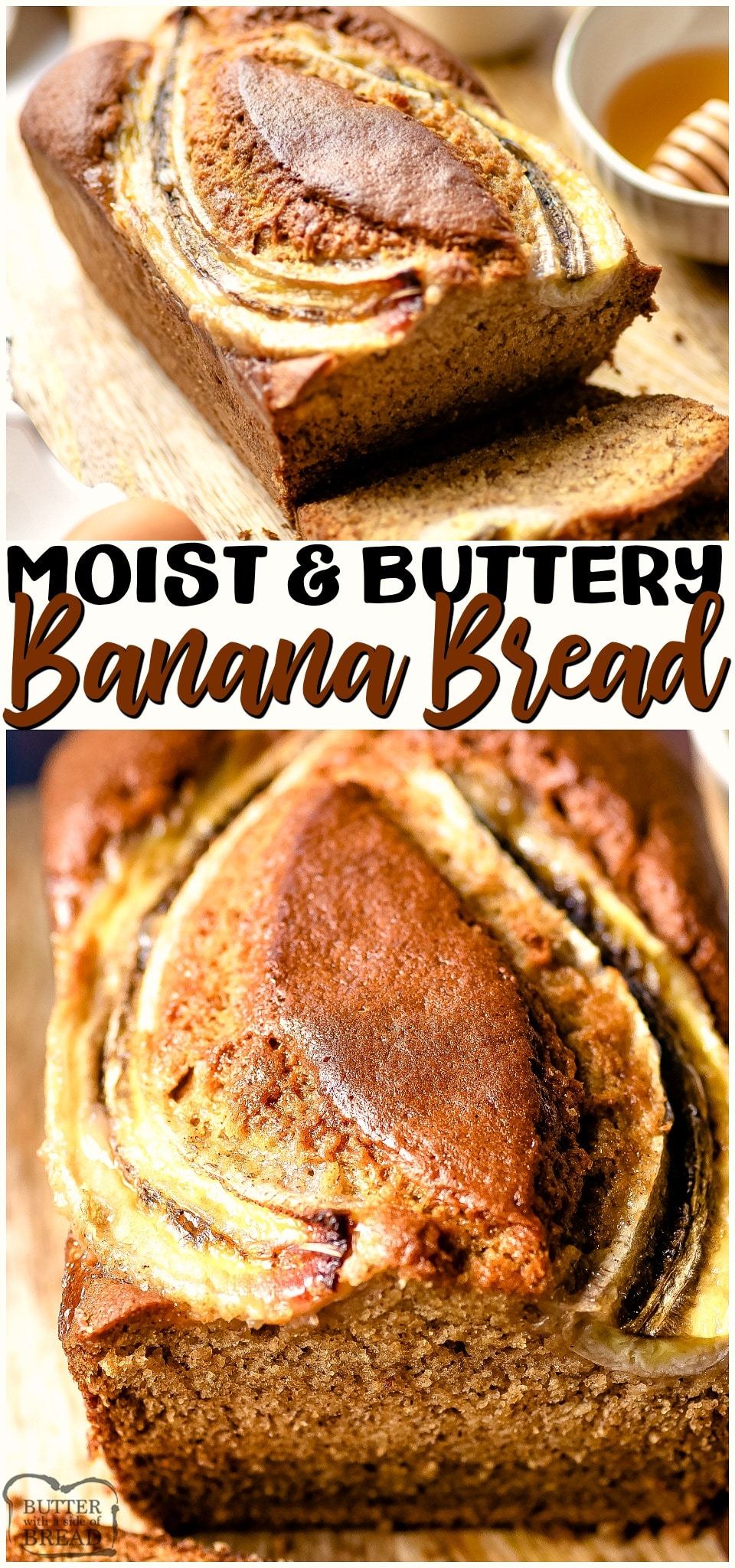 This delicious moist banana bread recipe is made with ALL butter! This makes it rich, flavorful, and mouth wateringly good. You're going to love this simple banana bread recipe! #bananas #bananabread #bread #baking #butter #moist #easyrecipe from BUTTER WITH A SIDE OF BREAD