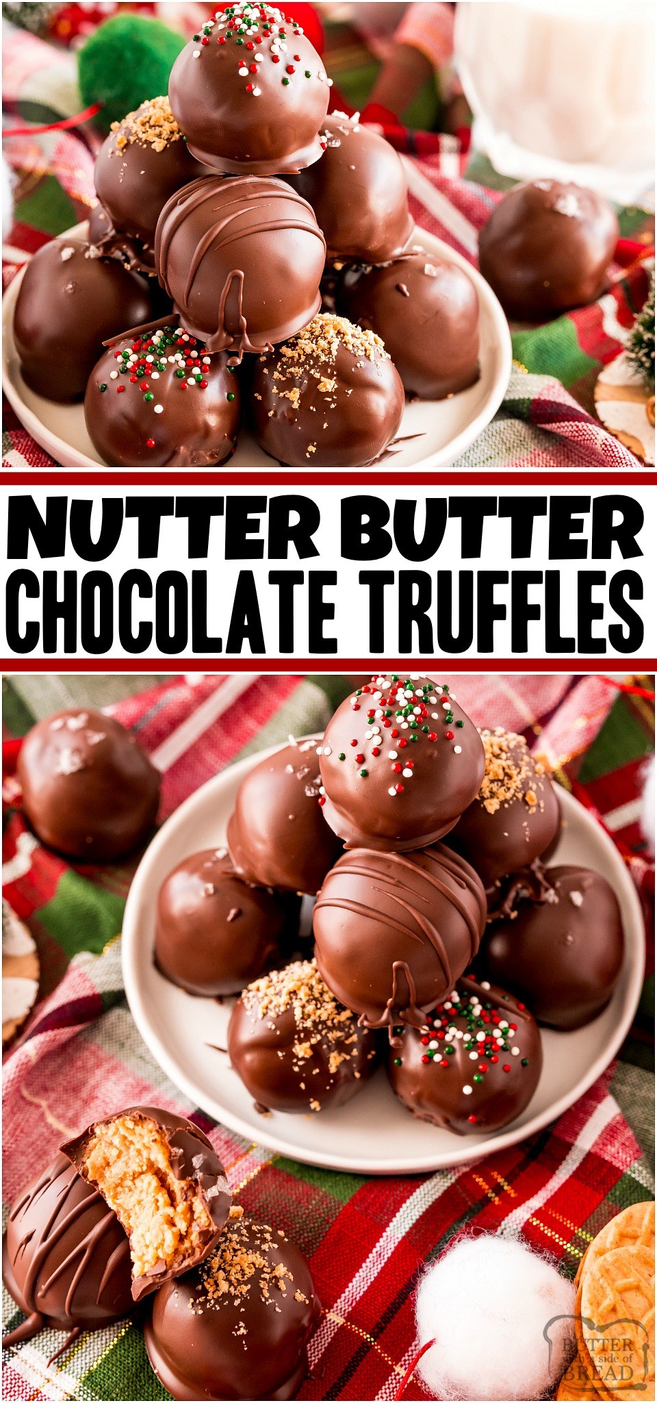 Nutter Butter Truffles made with 5 basic ingredients & perfect for holiday goodie trays! Festive, easy cookie balls with Nutter butters, cream cheese, peanut butter & chocolate! #NutterButter #candy #homemade #truffles #chocolate #Christmas #easyrecipe from BUTTER WITH A SIDE OF BREAD