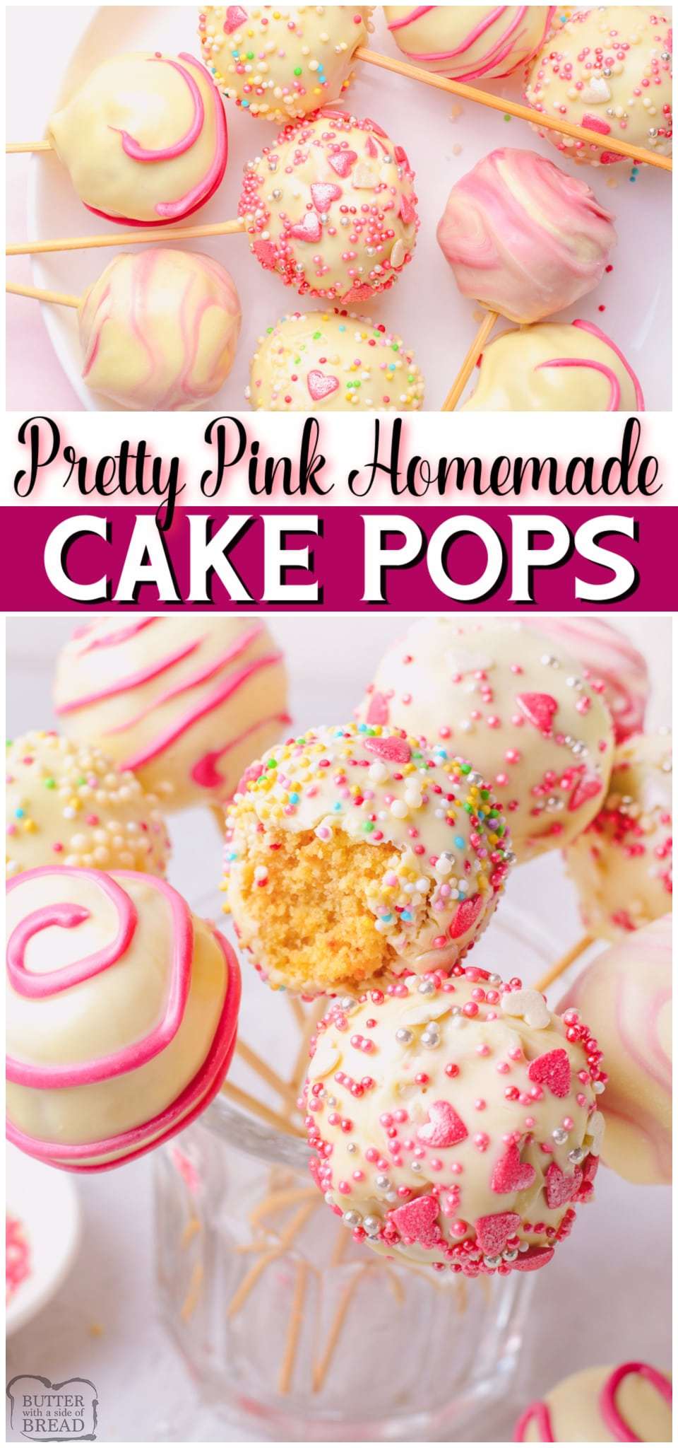 Homemade Vanilla Pink Cake Pops are fun & tasty treats for any occasion! Sweet Cake Pops covered in white chocolate & decorated to be perfectly pink for Valentine's Day! #pink #cake #cakepops #cakeballs #dessert #baking #easyrecipe for #ValentinesDay from BUTTER WITH A SIDE OF BREAD