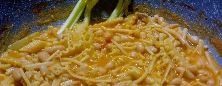 pasta and beans in a pan