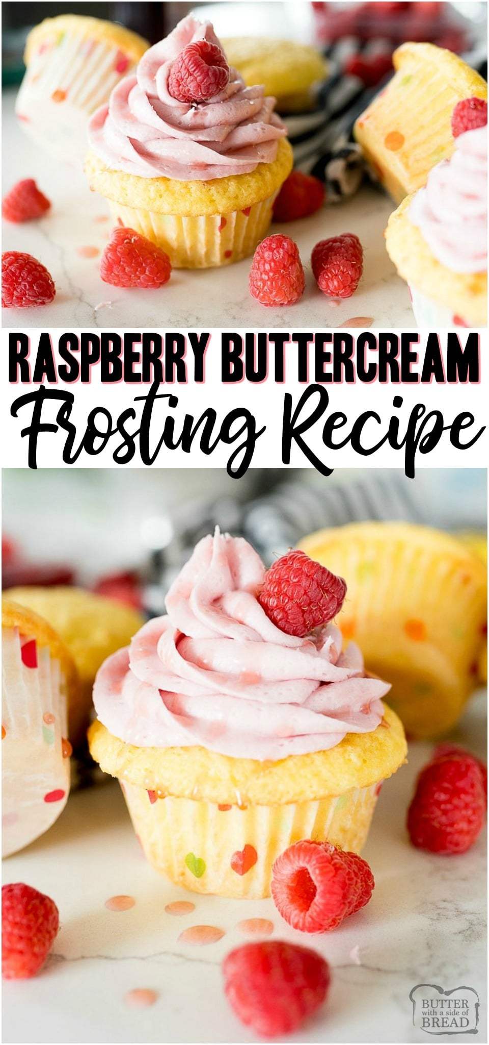 Raspberry Buttercream Frosting is a homemade frosting recipe made with butter, powdered sugar and raspberry jam! Perfect for topping cakes, cupcakes, or sweet rolls! #raspberry #frosting #buttercream #berries #dessert #recipe from BUTTER WITH A SIDE OF BREAD