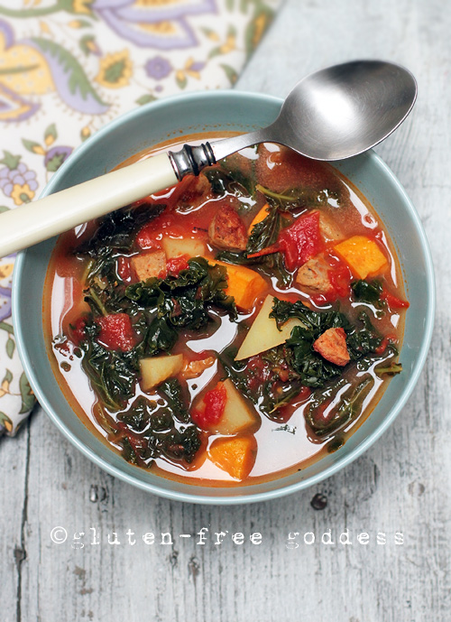 Spicy kale soup for Spring with chicken sausage, sweet potatoes and gold potatoes. #glutenfree