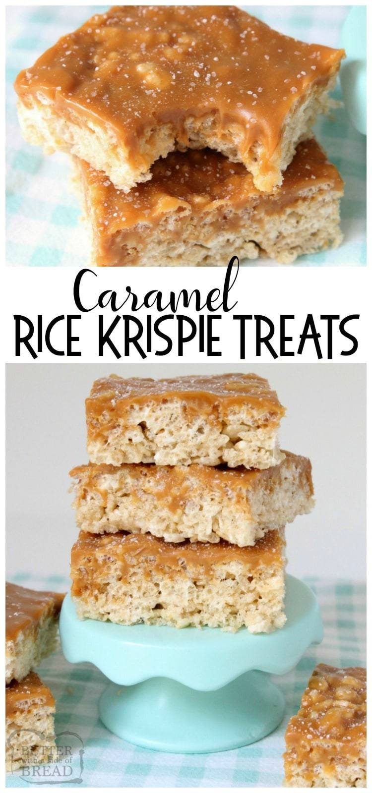 Caramel Rice Krispie Treats are soft, chewy marshmallow squares topped with smooth, rich caramel for an incredible take on traditional rice krispie treats. Easy rice krispie treat recipe from Butter With A Side of Bread