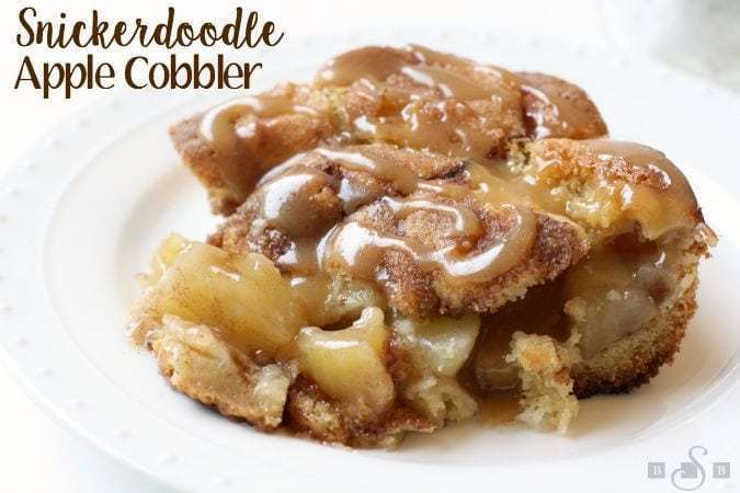 Snickerdoodle Apple Cobbler combines 2 favorite desserts into one! Cinnamon apple pie filling is baked inside snickerdoodle cookie dough, then topped with caramel. 