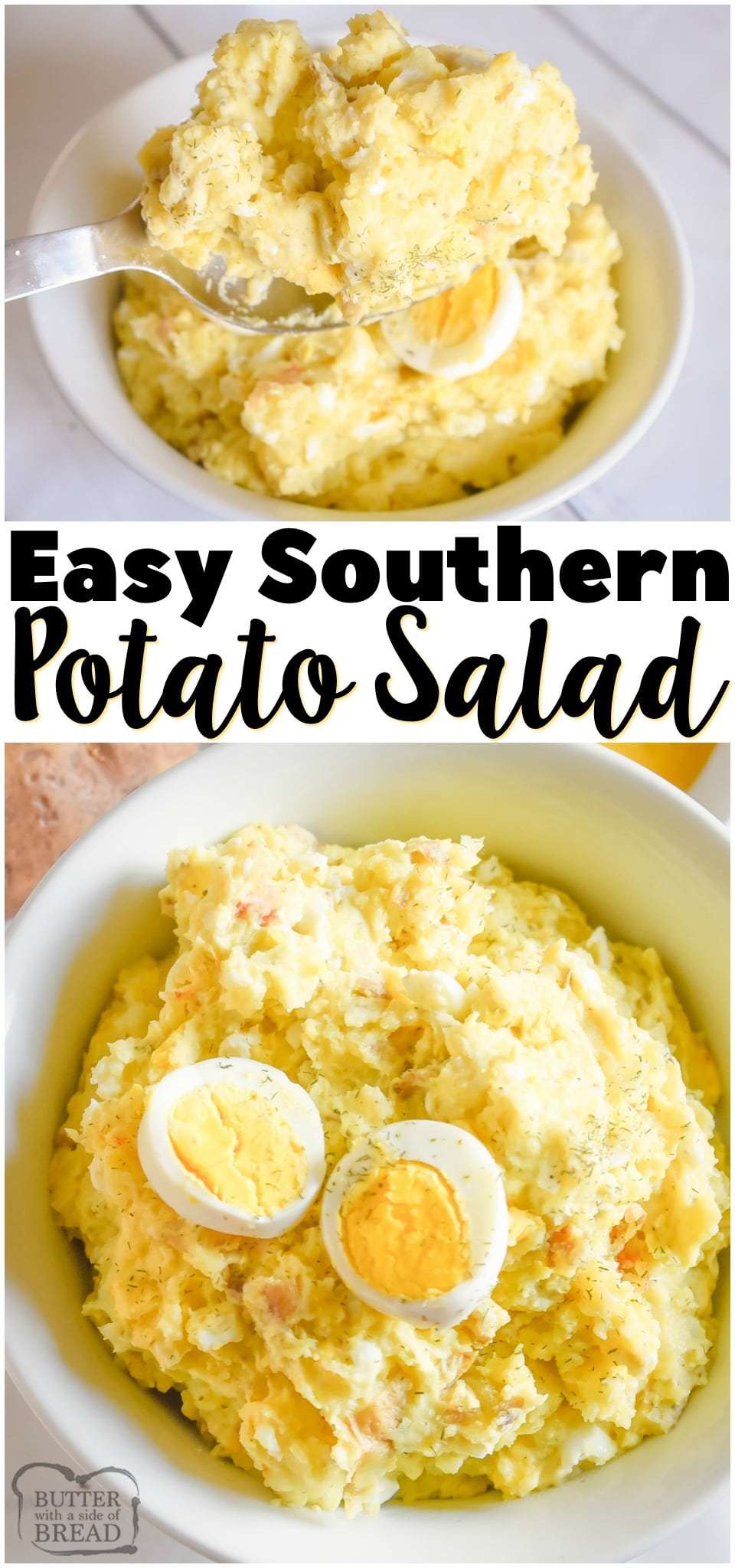 Southern Potato Salad recipe perfect for summer bbq's and get-togethers! Easy potato salad made with Yukon gold potatoes, hard boiled eggs and a simple tangy dressing. #salad #potatoes #potatosalad #southern #recipe #bbq #summer from BUTTER WITH A SIDE OF BREAD