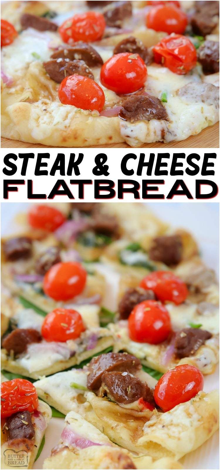 Steak and Cheese Flatbread perfect for appetizers or an easy dinner! Soft flatbread topped with steak bites, cheese, cherry tomatoes, red onion and fresh spinach. #flatbread #steak #cheese #appetizer #dinner #recipe from BUTTER WITH A SIDE OF BREAD