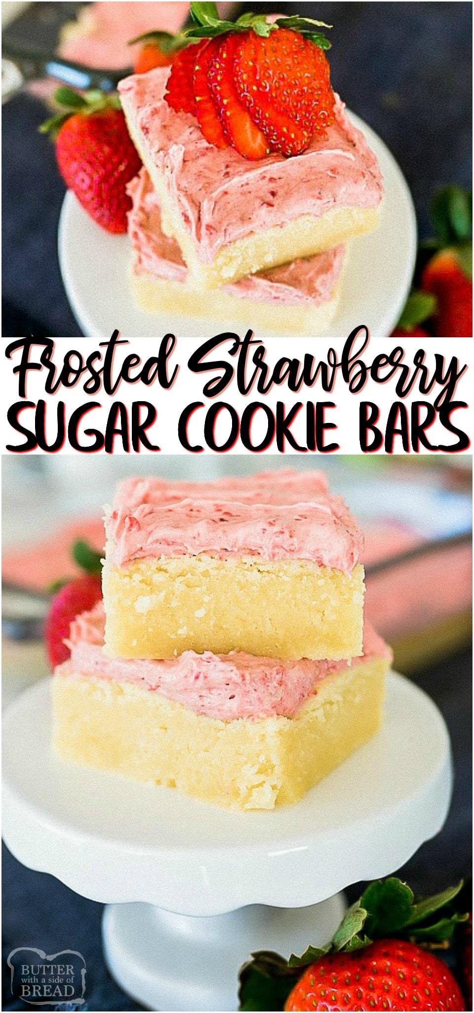Sugar Cookie Bars with Strawberry Frosting is the perfect spring-time dessert! The fruity frosting is the perfect way to level up your dessert! #sugarcookie #cookiebars #cookies #strawberry #frosting #dessert #recipe from BUTTER WITH A SIDE OF BREAD