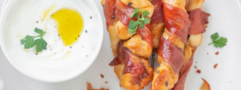 skewers of chicken and speck