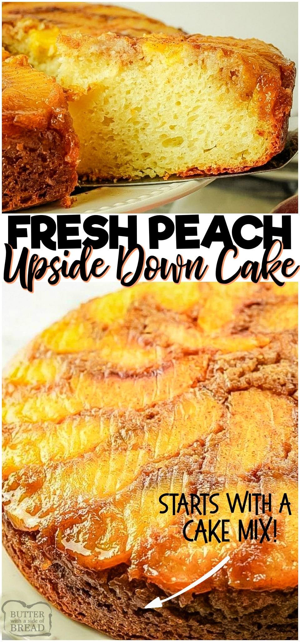 Peach Upside Down Cake is an amazing peach cake recipe with a handful of pantry ingredients + peaches!  This cake is the perfect way to enjoy fresh #peaches! #cake #upsidedown #peach #baking #dessert #upsidedowncake #recipe from BUTTER WITH A SIDE OF BREAD