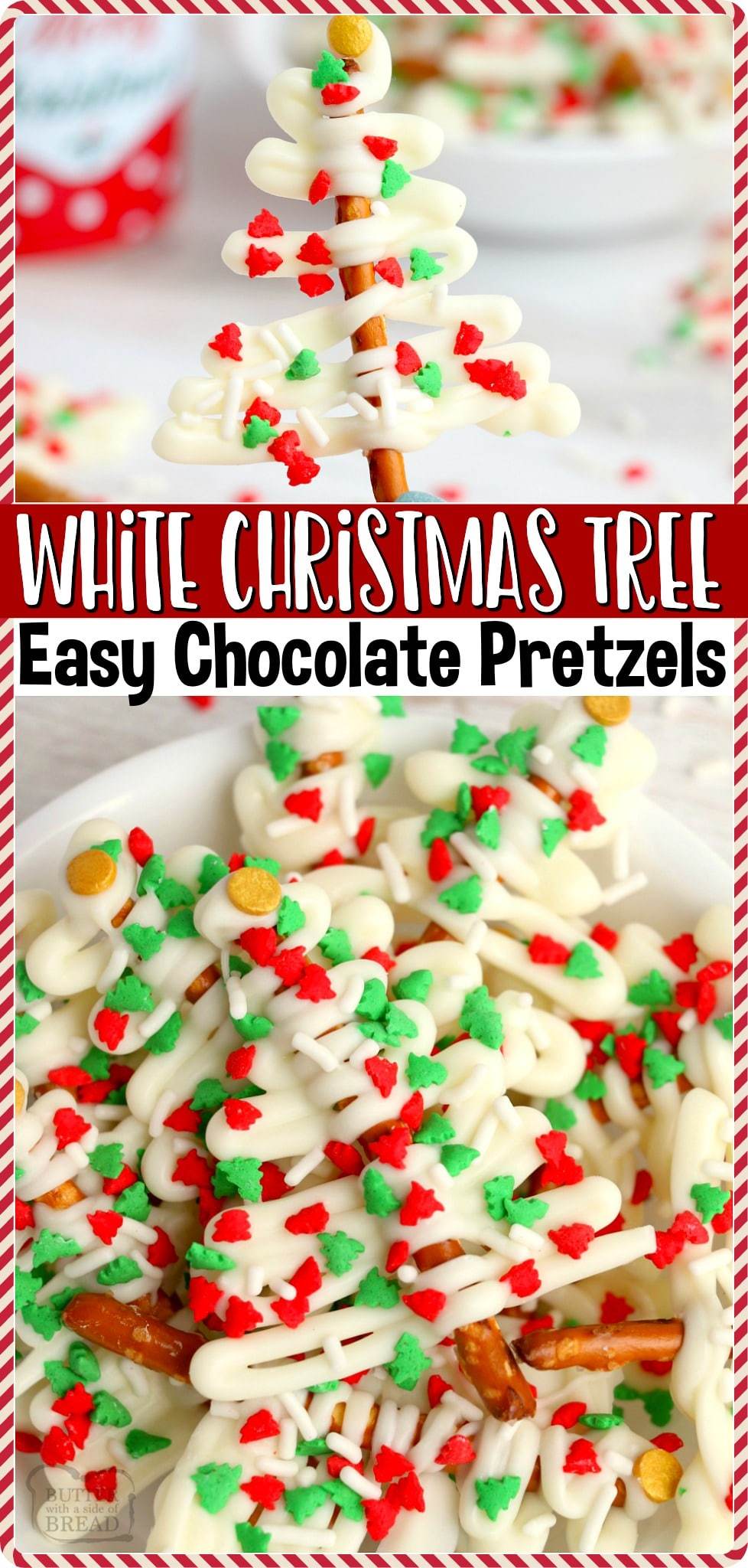 White Christmas Tree Pretzels made with 3 simple ingredients in minutes! Easy, festive white chocolate dessert for cookie trays and Christmas gifts! #Christmas #tree #pretzels #whitechocolate #easyrecipe from BUTTER WITH A SIDE OF BREAD