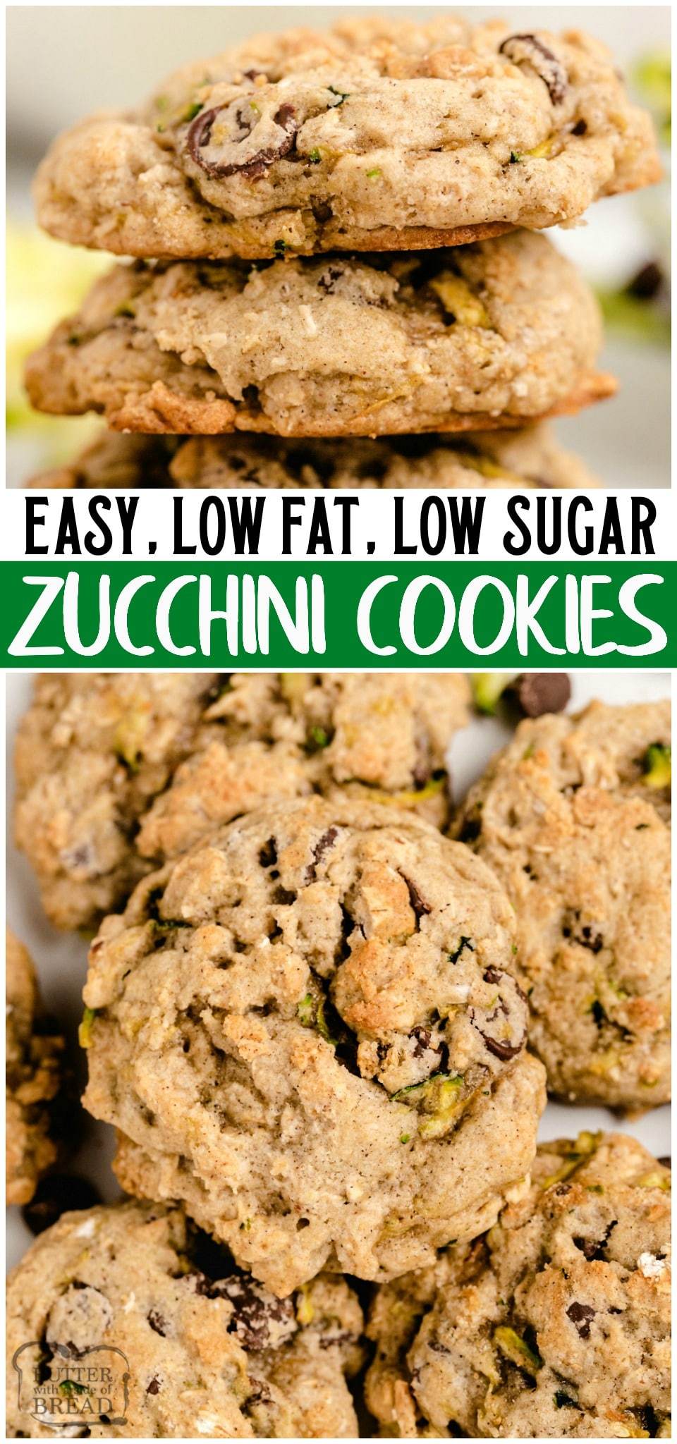 Zucchini Cookies are zucchini bread in cookie form! Soft, perfectly sweet and lower in fat & sugar, these easy-to-make zucchini cookies taste incredible! #zucchini #cookies #baking #dessert #lowfat #recipe from BUTTER WITH A SIDE OF BREAD